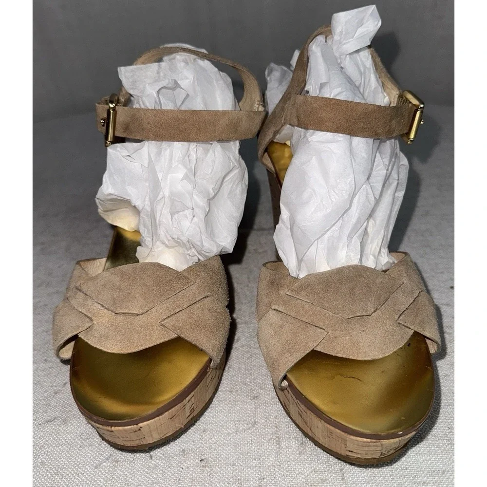Michael Kors‎ MK Women's Sz 9 Suede Leather Cork Wedge Heels Sandals Tan Taupe